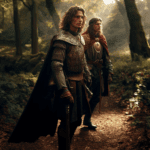 long haired Arthur and Lancelot standing on a path in the woods representing the characters in The Arthur Quartet by Harper Fox