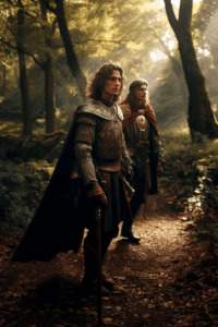 long haired Arthur and Lancelot standing on a path in the woods representing the characters in The Arthur Quartet by Harper Fox