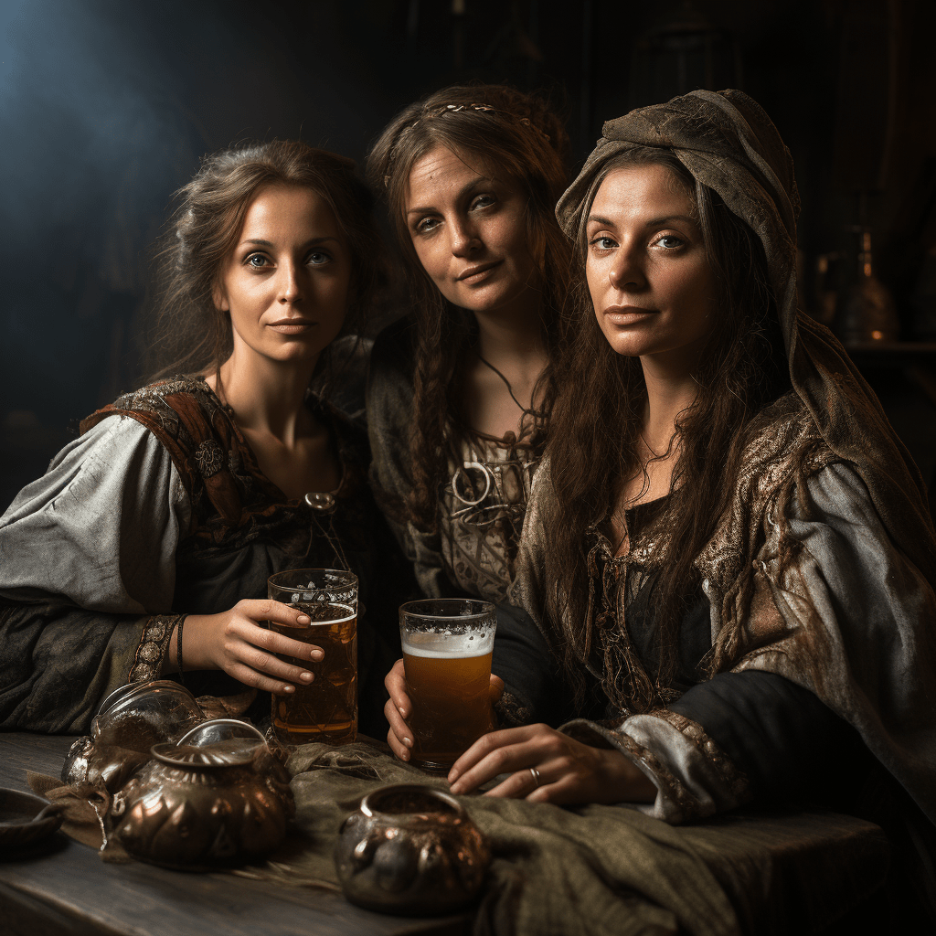 Three medieval women drinking beer and looking directly at the viewer - The Alewives by Elizabeth R. Andersen