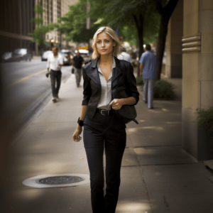 A blonde female journalist walking down the street in Chicago