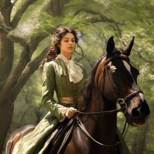 brunette young woman in a green habit riding a bay horse - siren of sussex