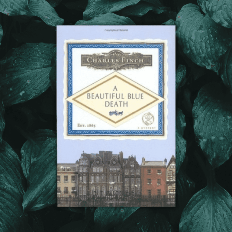 A Beautiful Blue Death by Charles Finch Cover on a boring background of leaves, with a slight blue tint